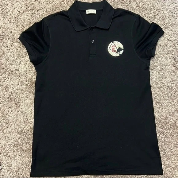 Saint Laurent / Never Say Never Glitter Patch Black Polo - Picture 2 of 6